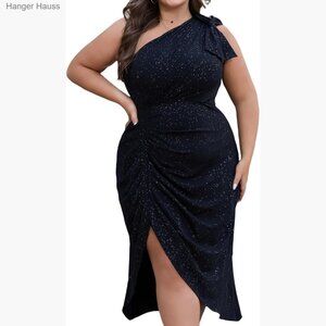Plus Size Sequin Cocktail Dress One Shoulder Ruched Wrap Party Glitter